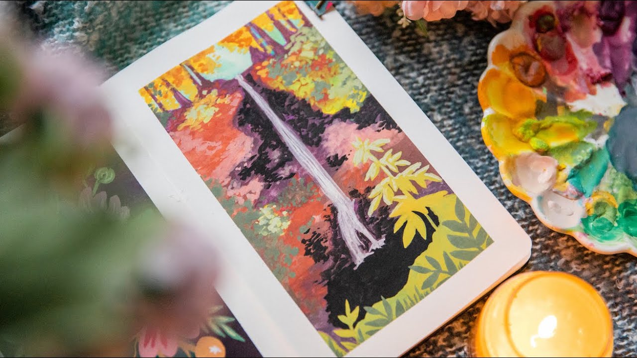 How to Paint a Gouache Landscape with a Waterfall
