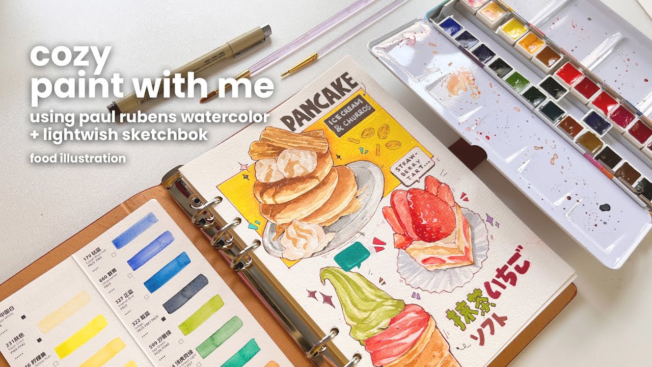˚. cozy paint with me - using paul rubens watercolor + lightwish sketchbok // food illustration . ˚