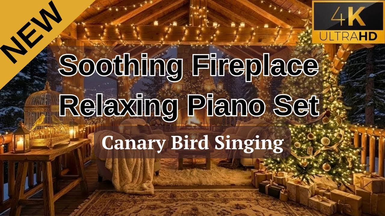 Christmas Home Porch 🎄 Fireplace Cracking 🔥 Bird Sounds 🦜 Relax Piano Music Ambience 🎹 (4K 1 Hour)