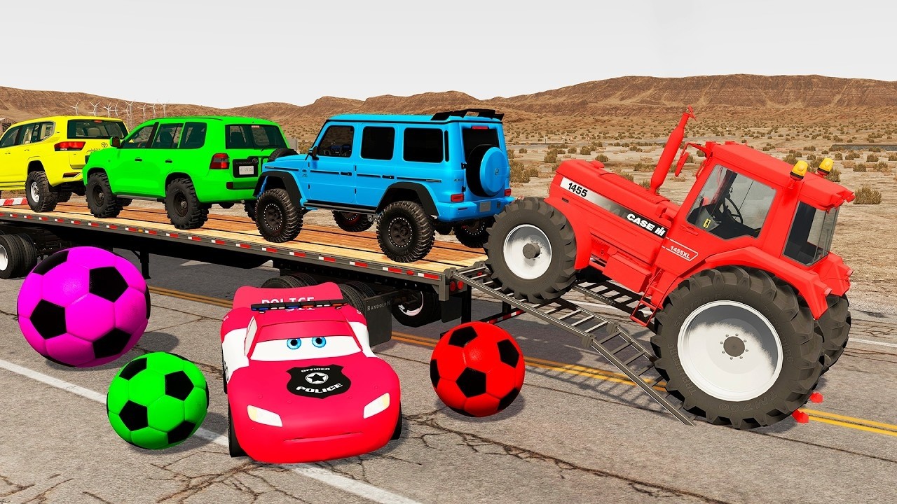 TRANSPORTING PIXAR CARS & FRUITS WITH COLORED & JOHN DEERE vs CLAAS vs TRACTORS - BeamNG.drive #983