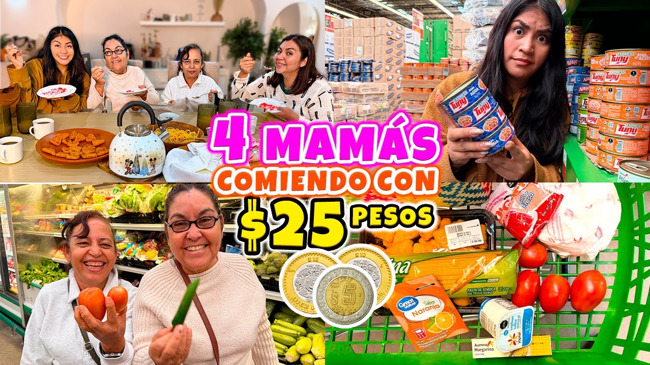 4 MAMÁS COMIENDO CON 25 PESOS! 👩🏻‍🍳 ¡Logran comer POSTRE! 😱 ¿Cual es el SECRETO? | Conny Merlin