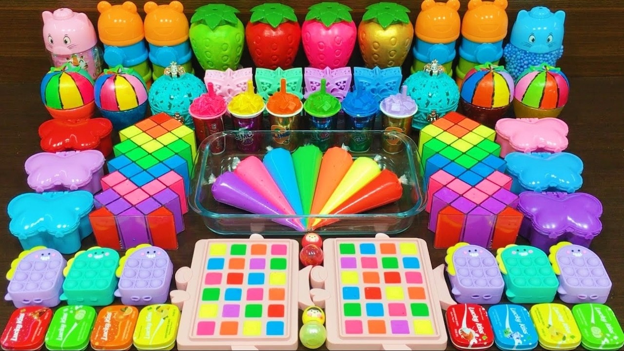 Slime Mixing Random : Clear To Glossy Rainbow Slime With Makeup Textures #163