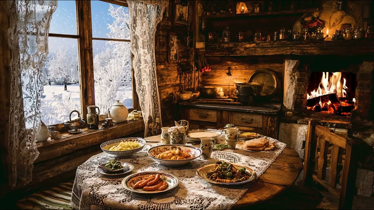 Peaceful Winter Kitchen ❄️🍲 Fireplace, Piano & Cello for Deep Relaxation & Sleep