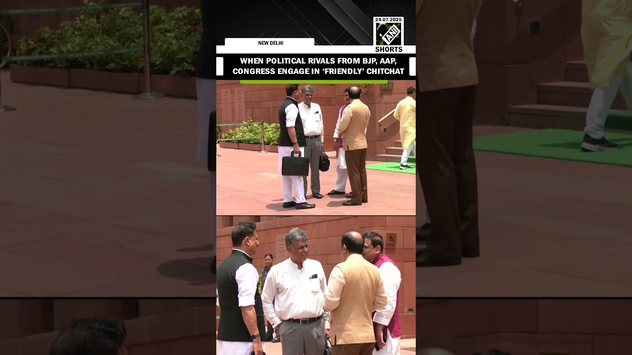 BJP&rsquo;s Sudhanshu, Rudy, AAP&rsquo;s Sanjay Singh, Congress&rsquo; Manish Tewari engage in chitchat at Parliament