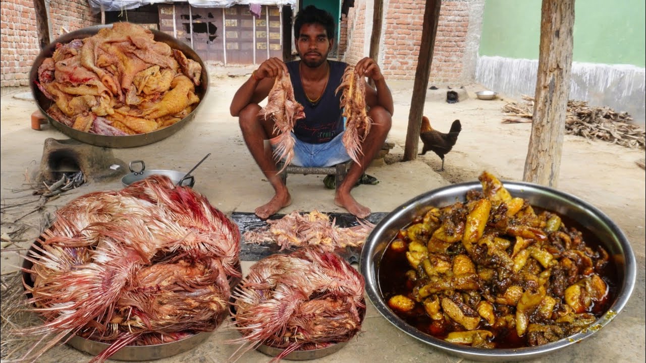 Chicken skin curry |how to clean chicken skin |murgi ka chamdi recipe cooking and eating in village