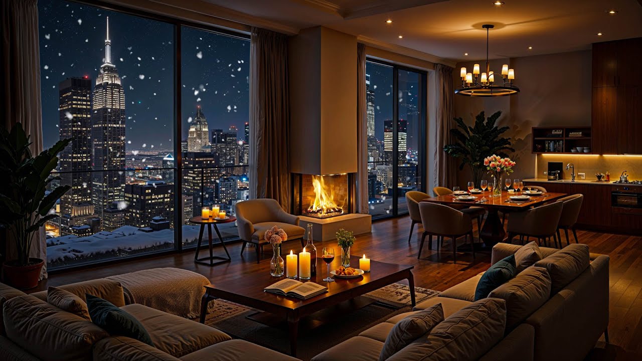Indoor Cozy Apartment 🌃 Jazz Piano Fireplace Music for Study, Work & Calm