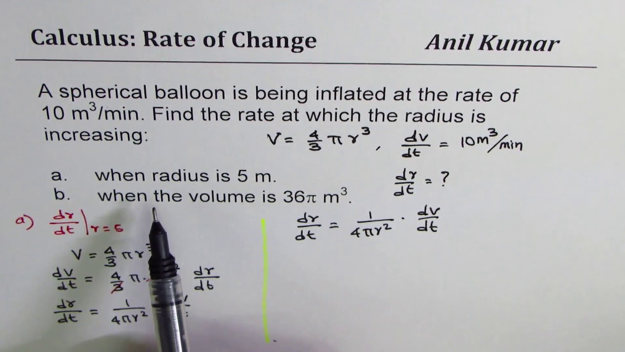 Find rate of change of radius in sphere when volume and radius is given