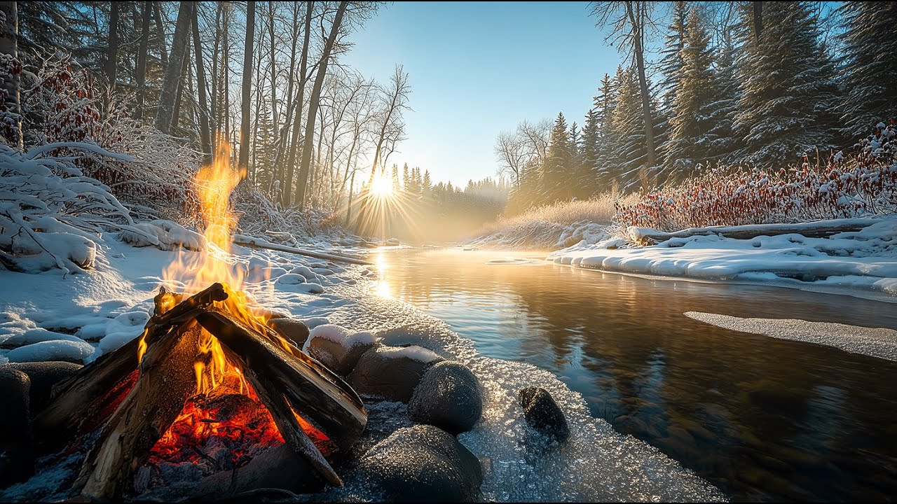 You’re Watching Sunrise by a Winter Campfire 🔥❄️ Still River and Gentle Firelight