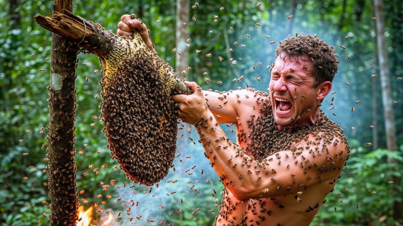 Alone at Extreme Heights Facing Thousands of Furious Wild Bees | Extreme Honey Harvest