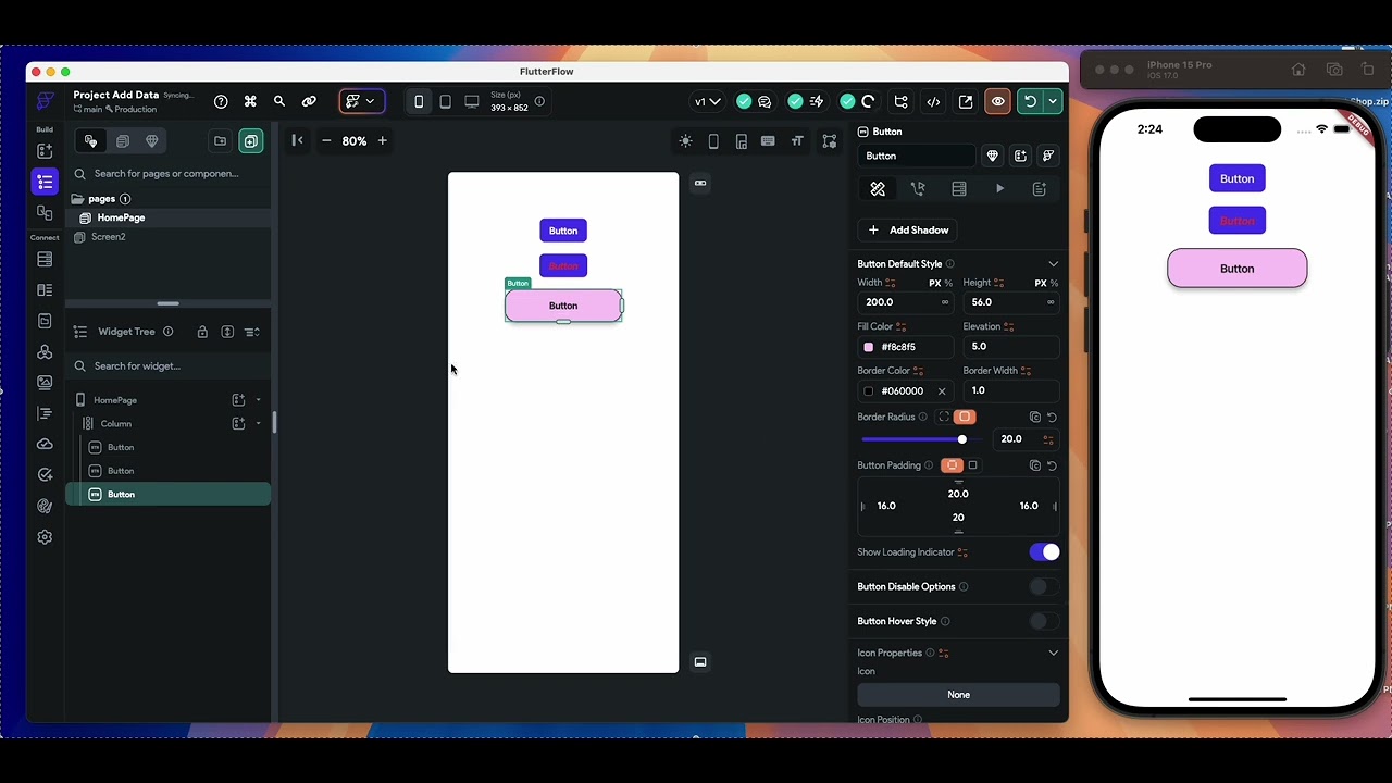 FlutterFlow Button Widget Tutorial | Actions, Styling, and Navigation Explained