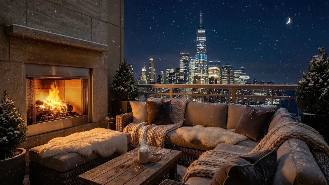 New York City Winter Night Gentle Snowy Balcony Ambience 😴🌃🌨️ (Fireplace Sound)