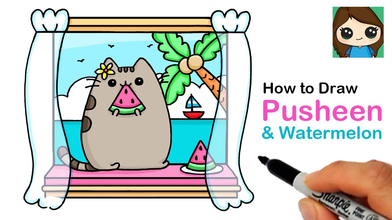 How to Draw Pusheen Eating Watermelon on Vacation 🍉🏝 Summer Art Series #9