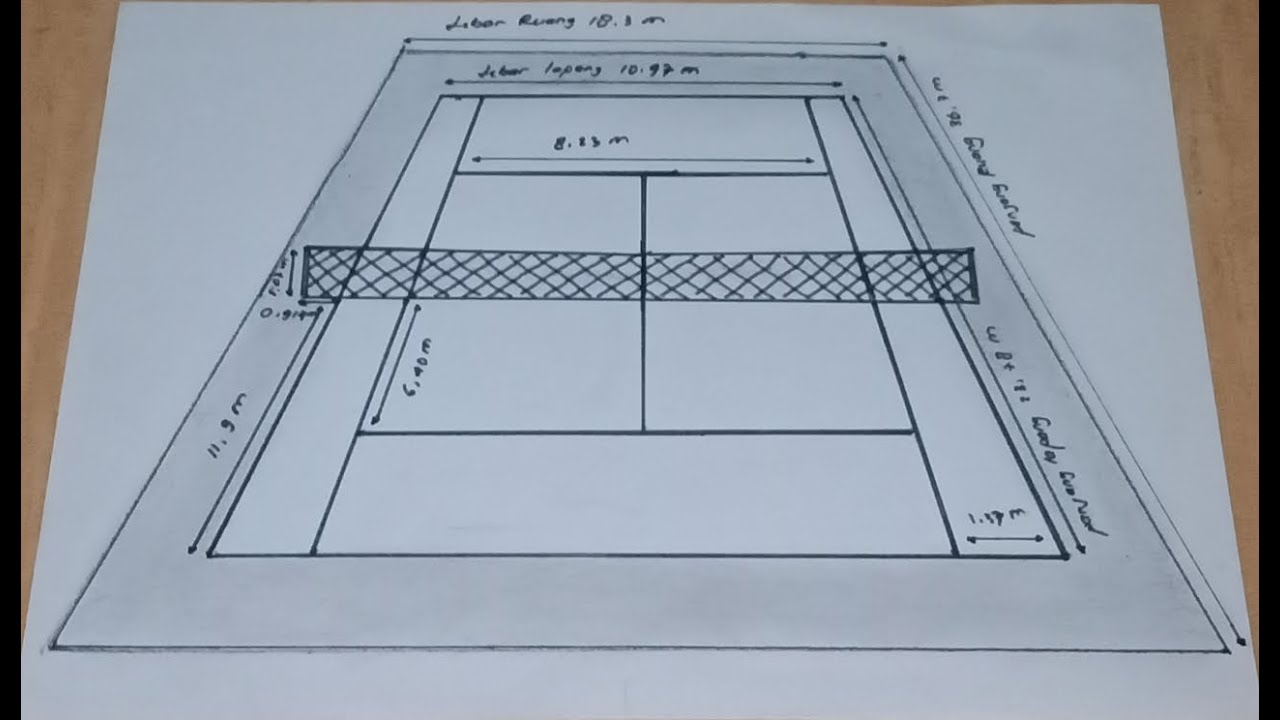 Cara menggambar LAPANGAN TENIS mudah || lapangan tenis dengan ukurannya