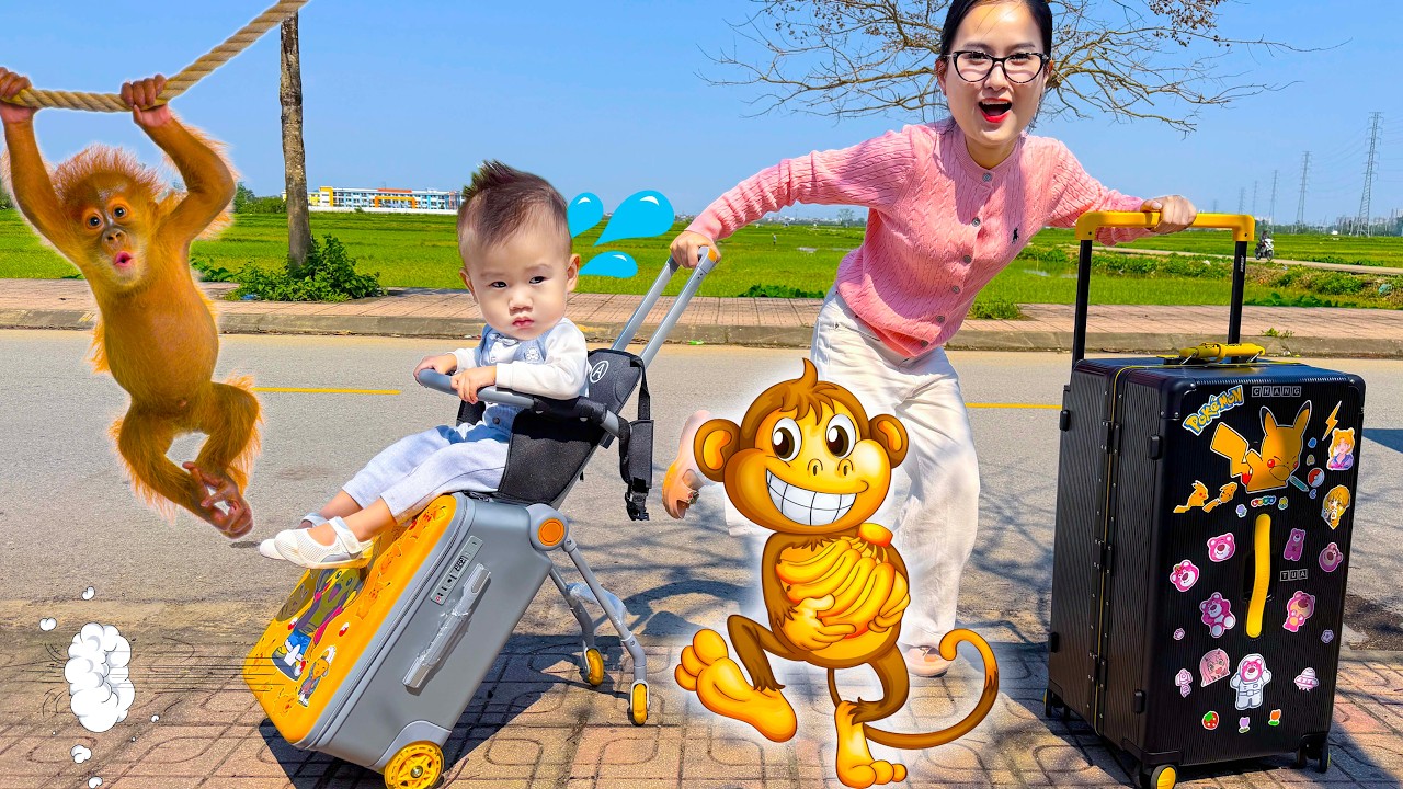 Cam Cam review vali du lịch có xe đẩy trẻ em, đưa em Táo đi vườn thú thăm: Con khỉ, con gà, con dê.