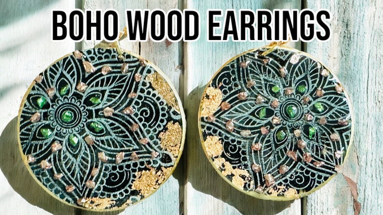 DIY Wood earrings w/stamps, crushed glass & resin, double sided, mixed media, decoupage Boho style