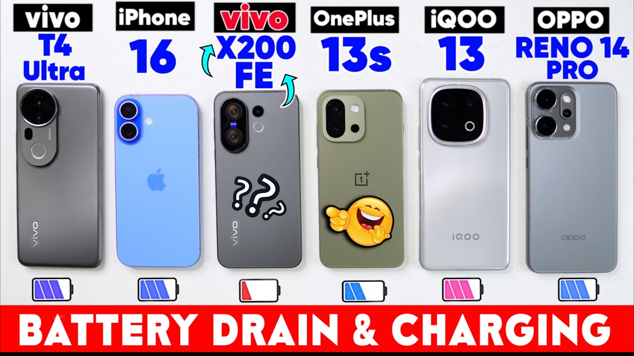 vivo X200 FE vs OnePlus 13s vs iPhone 16 vs OPPO Reno 14 Pro  - Battery Drain & Charging Test