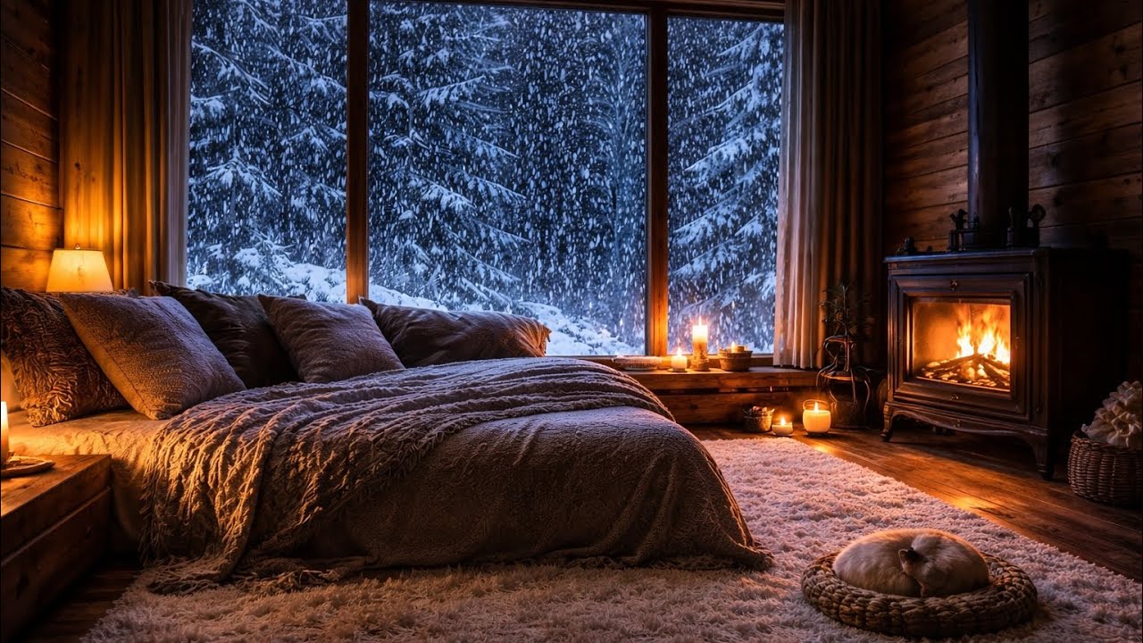 Cozy Snowy Cabin Bedroom with Fireplace 🔥❄️ Sleeping Cat for Deep Sleep (9 Hours).
