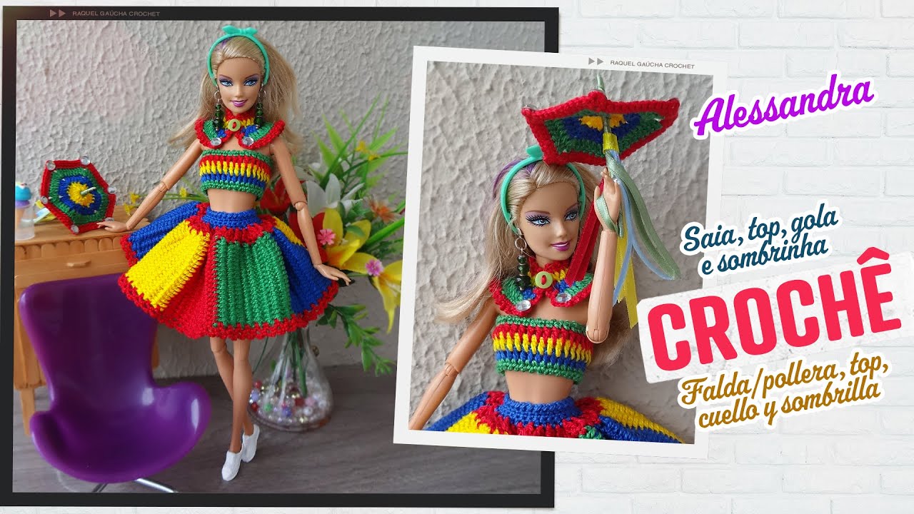 Saia, top, gola e sombrinha de crochê para Barbie ⛱️ Alessandra