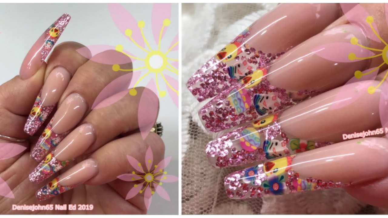 Glitter Spring /Easter Nails / Fimo & Pink Wrinkled Glitter Nails/ Polygel & Builder gel