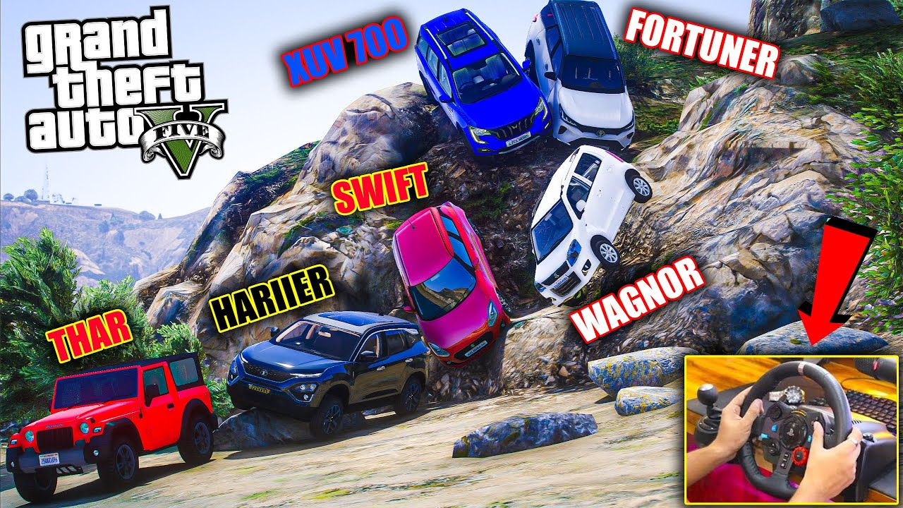 GTA 5 : INDIAN CARS FORTUNER THAR WAGNOR XUV 700 BREZZA BOLERO OFFROADING | LOGITECH G29 WHEEL 2023