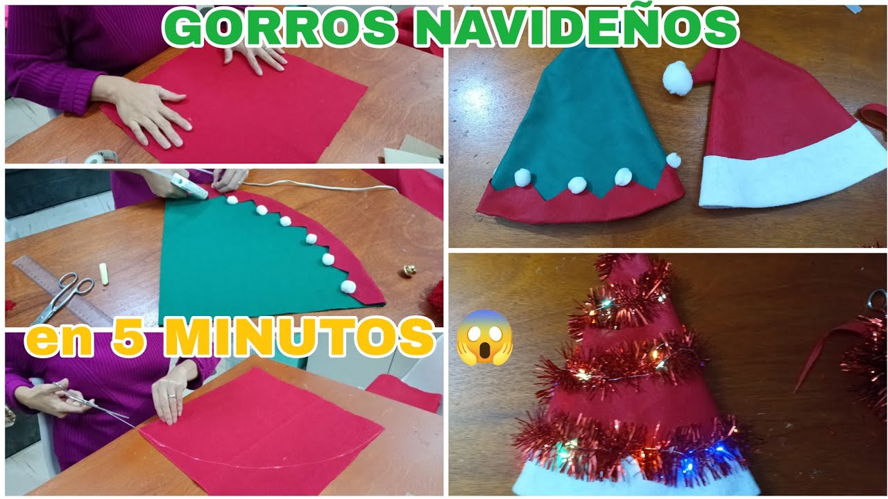 🧑‍🎄 COMO HACER UN GORRO DE SANTA GORROS NAVIDEÑOS EN 5 MINUTOS SÚPER FACIL GORRO DE DUENDE FÁCIL