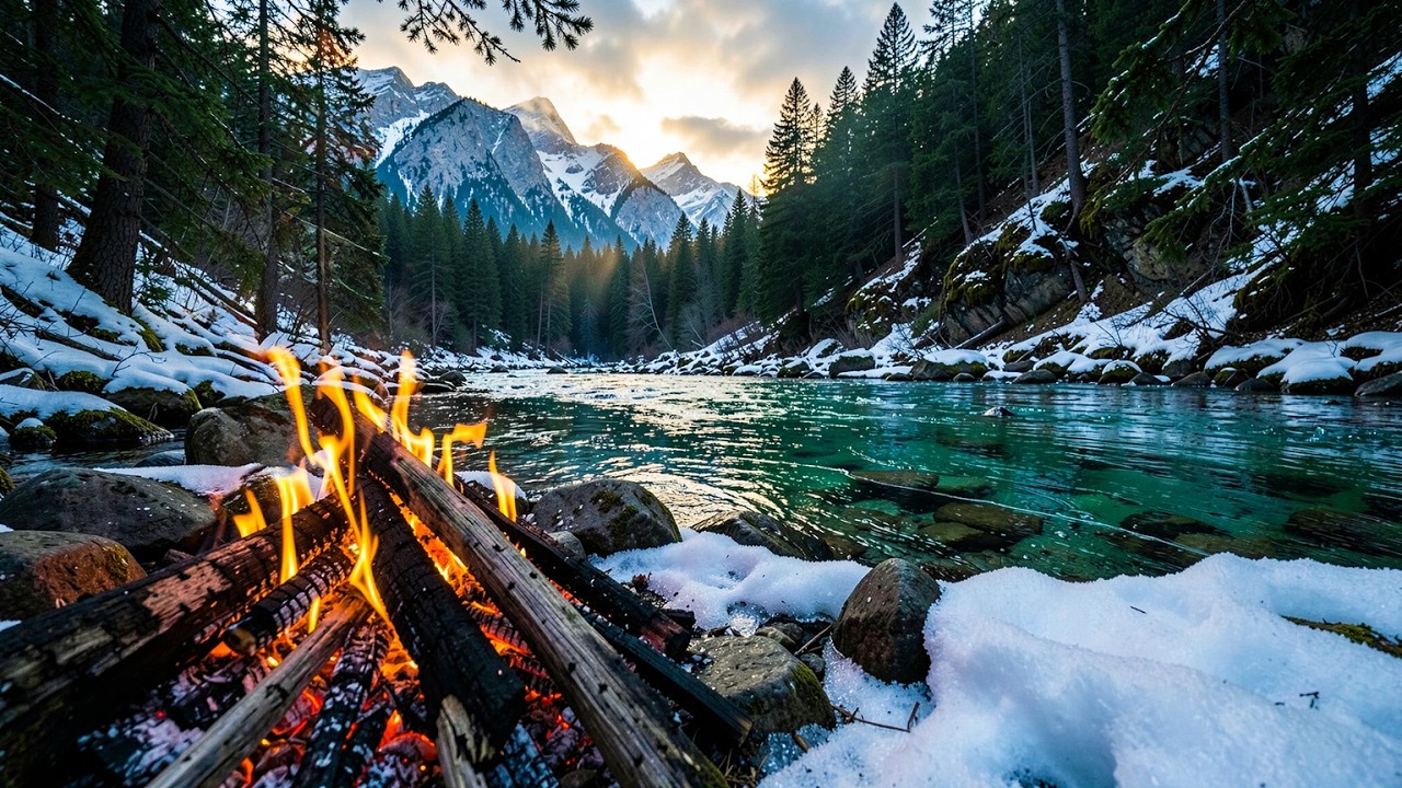 This Winter Morning Riverside Campfire & Nature Birds Songs has a Peaceful Energy