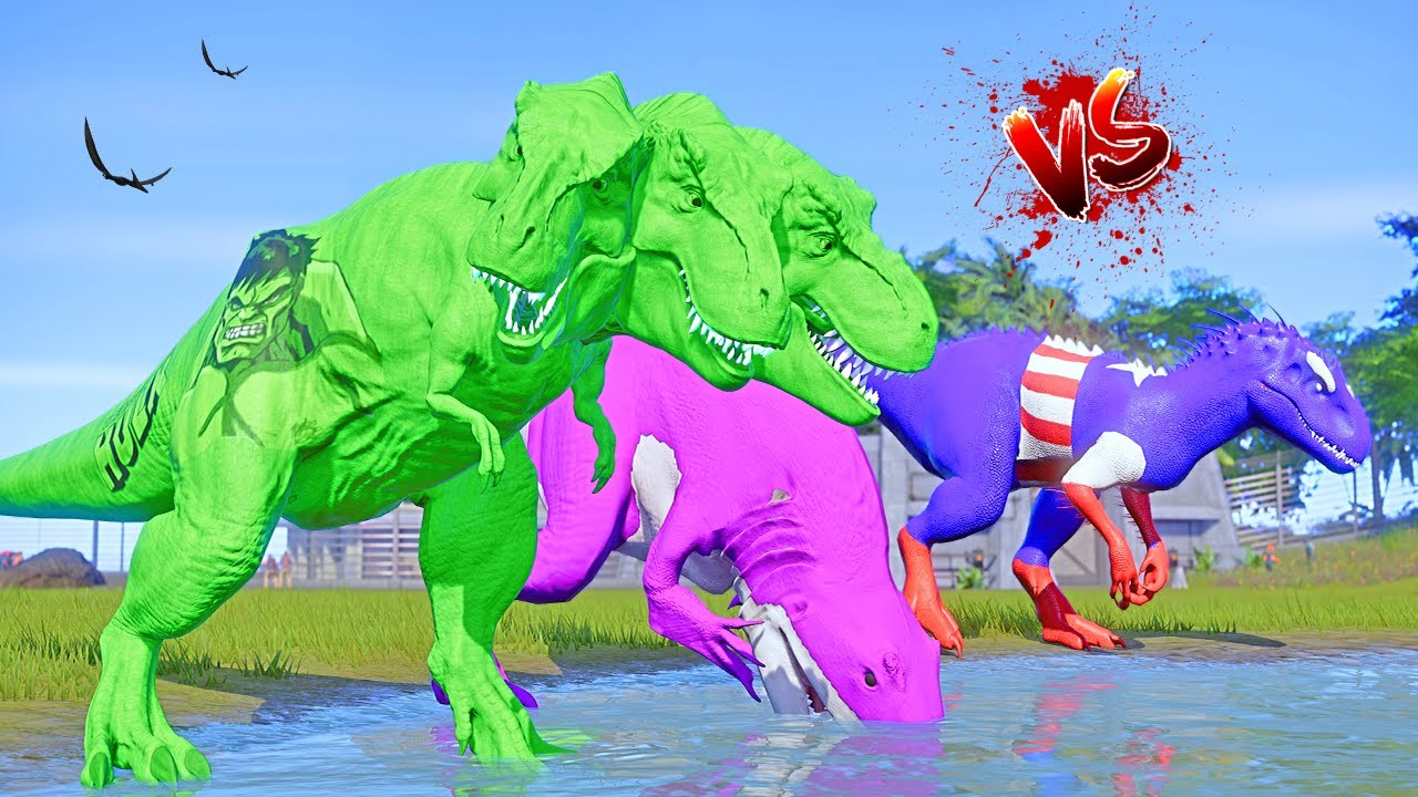 Black Spider-Man Godzilla, Hulk, Captain America, Iron Man, T-Rex vs I-Rex Dinosaurs Fighting