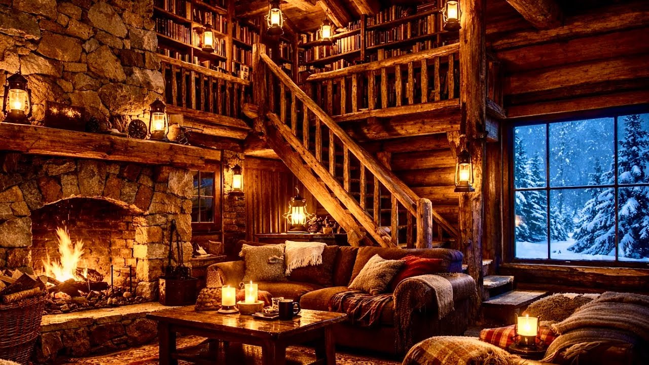 4K Cozy Fireplace in Snowy Cabin ❄️🔥 Relaxing Fire Sounds for Sleep & Study | خلفية شاشة شتوية مريحة