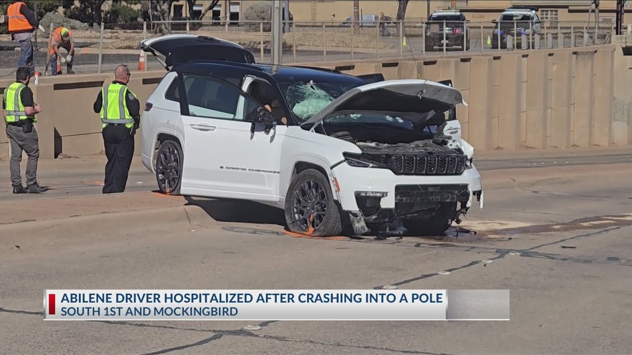 Abilene driver hospitalized after striking pole, falling onto underpass due