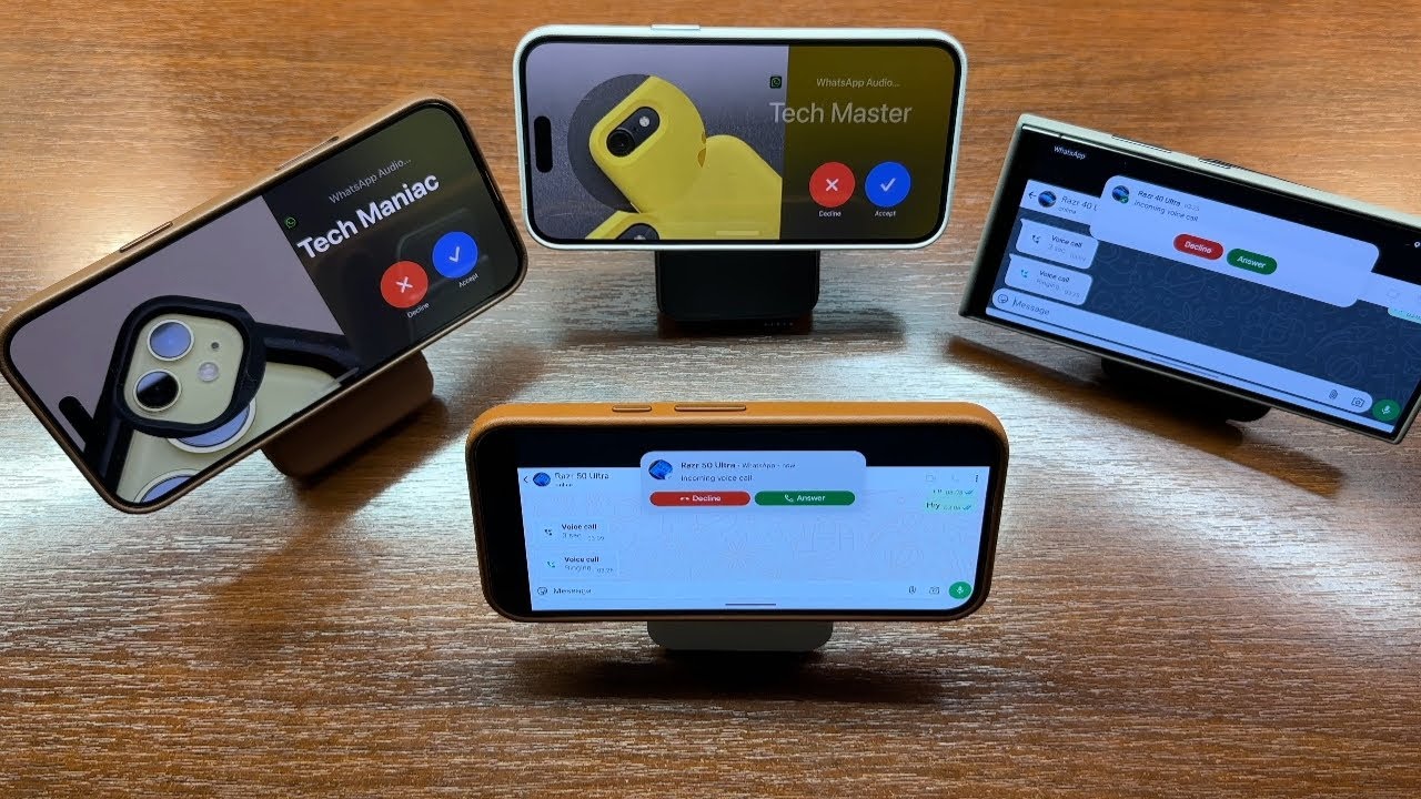 iPhone 16PM, 15PM, Pixel 9 ProXL, Samsung S24U Incoming Call in Leather Cases + MagSafe Stands