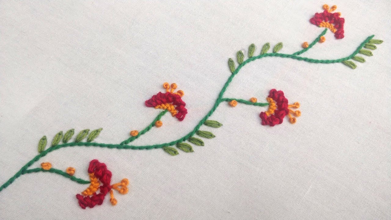 Easy Floral Border Design using Basic Stitches (Hand Embroidery Work)