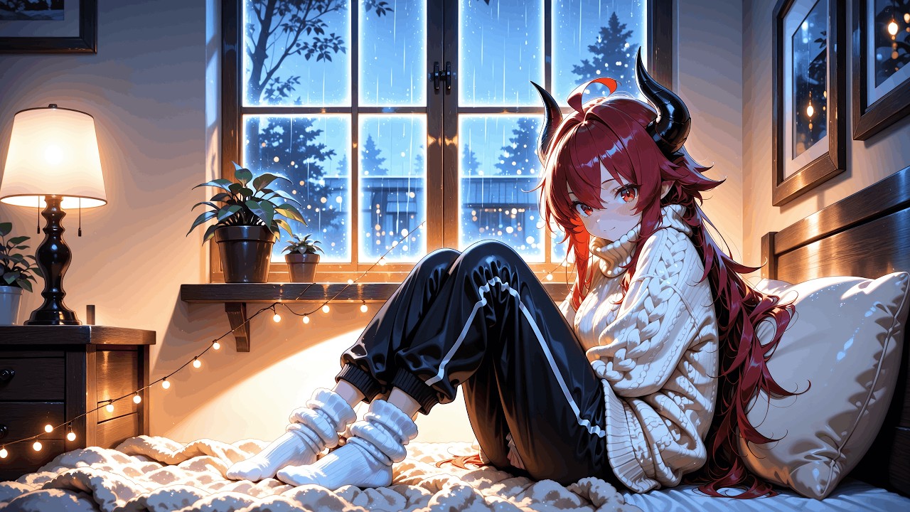 Cozy Dragon Girl Rainy Bedroom Night | Fairy Lights & Lo-Fi | 10 Hours Sleep Ambience