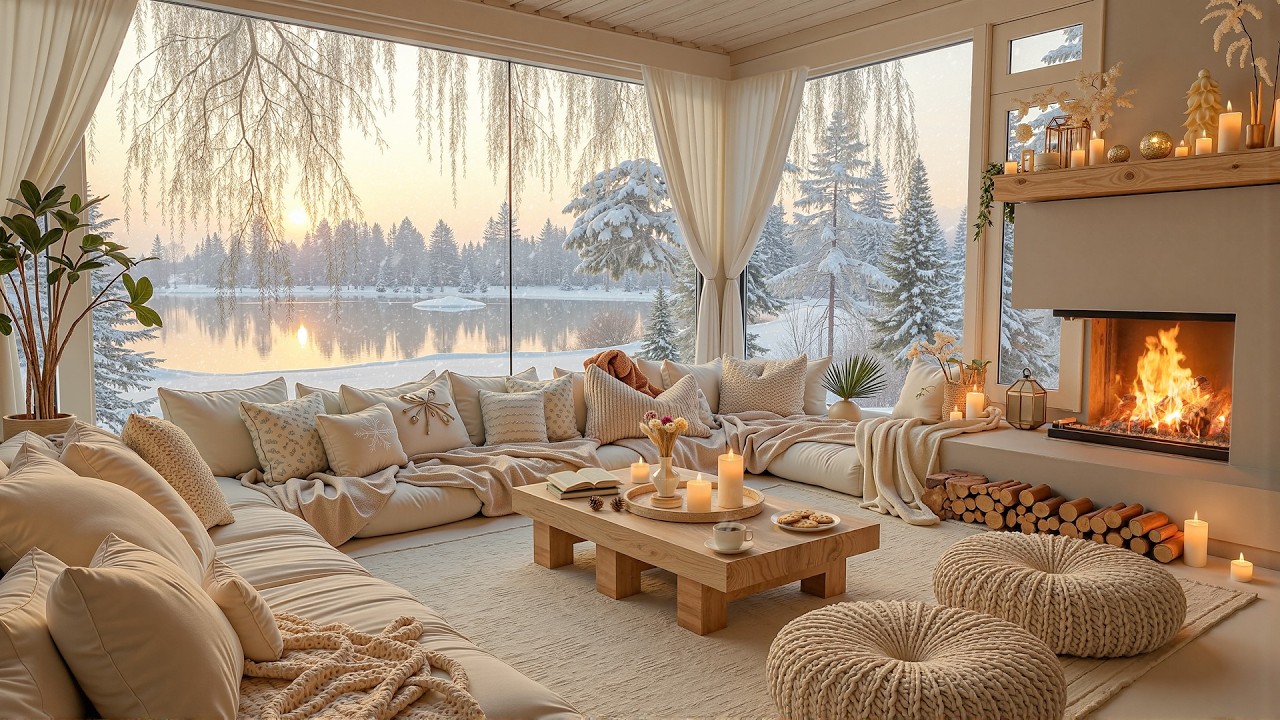 Soft Winter Morning Jazz by the Lake ❄ Warm Fireplace Coffee Music for Study & Relax