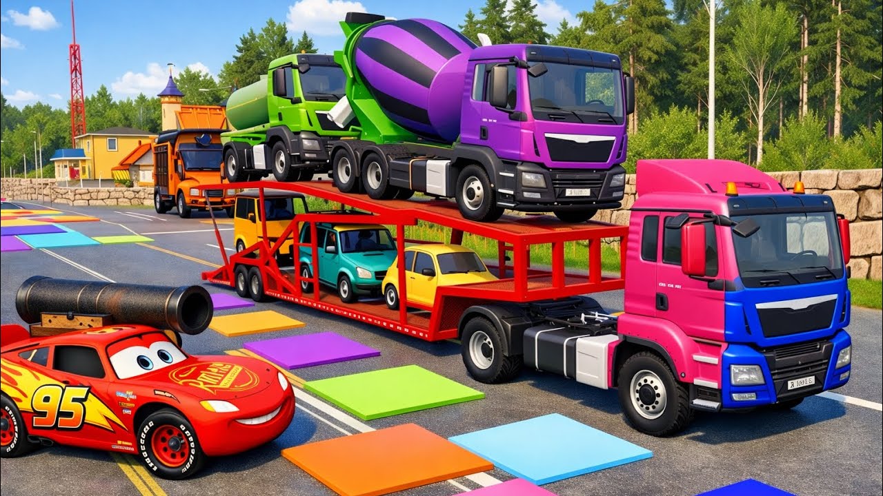 Flatbed Trailer McQueen Transportation with Truck - Speedbumps vs Cars vs Train - BeamNG.Drive #007