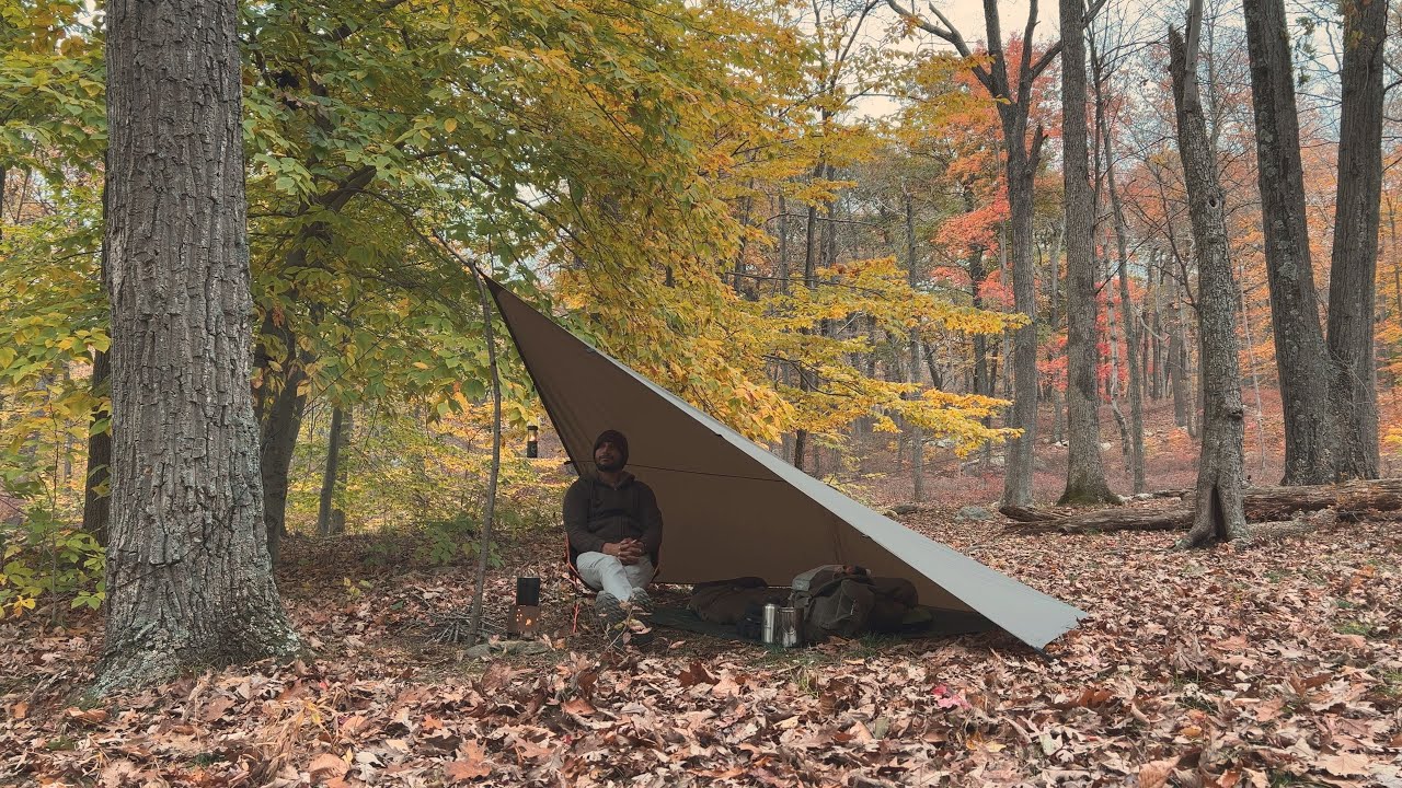 Solo Hiking and Camping in Autumn Forest - Tarp Shelter and Fall Foliage #asmr #camping #autumn