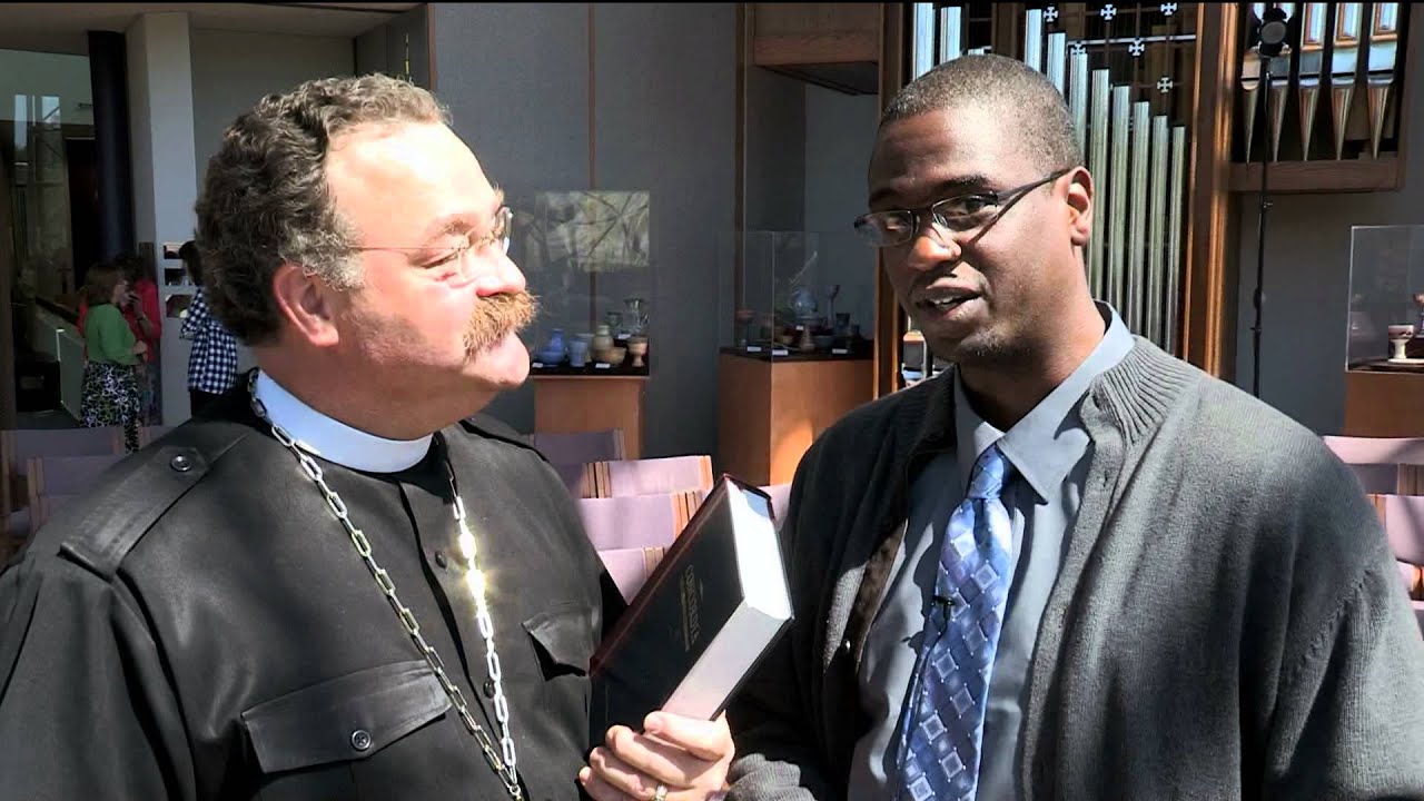 LCMS President Harrison chats with guest at chapel today