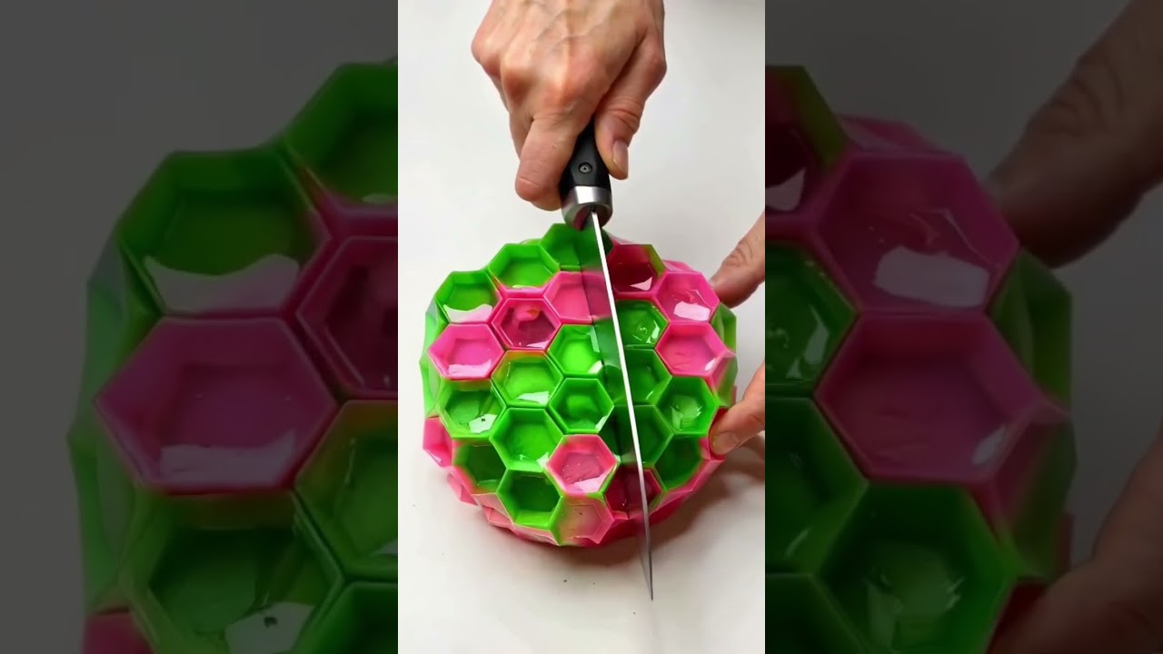 cutting pink and green honeycomb