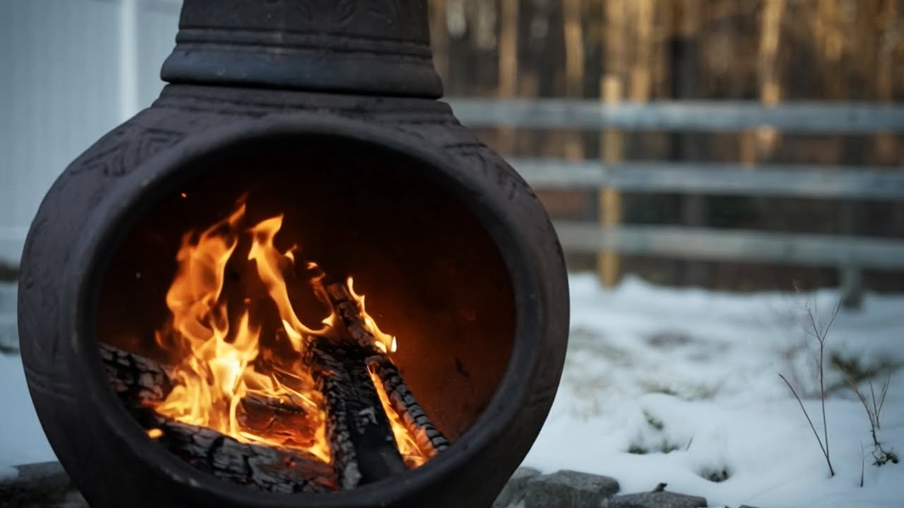 Cozy Chimenea Fireplace 🔥 | Real Crackling Fire Sounds in Snowy Garden❄️ | Relaxing ASMR | No Music
