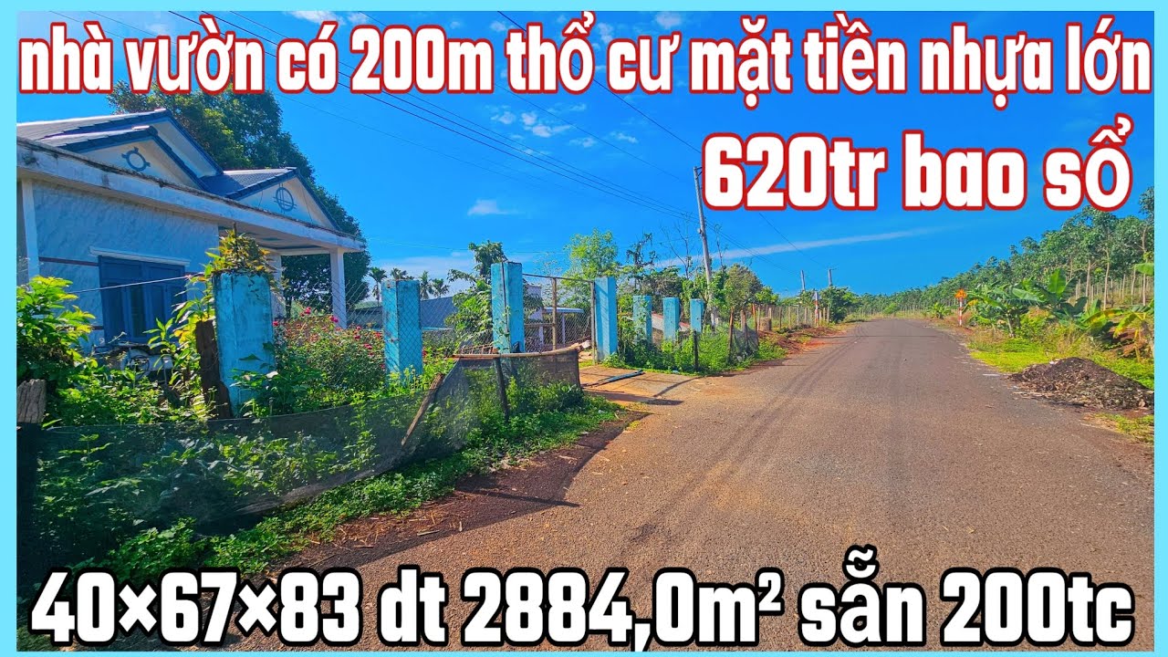 Nhà vườn mặt tiền nhựa lớn dân cư đông đúc 40×67×83 dt 2884,0m² có 200m thổ cư giá 620tr bao sổ 