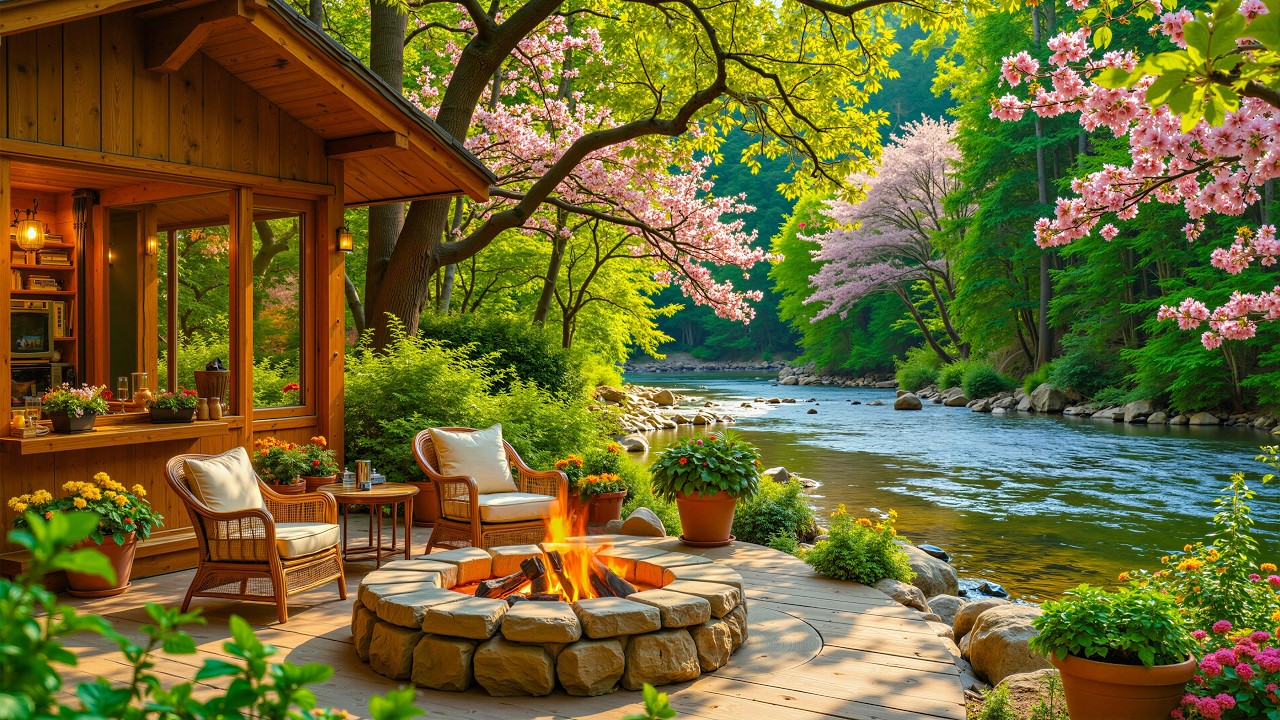Tranquil Riverside Cabin in the Woods 🌸🏡 Soft campfire 🔥 Relaxing Piano with Birds Singing