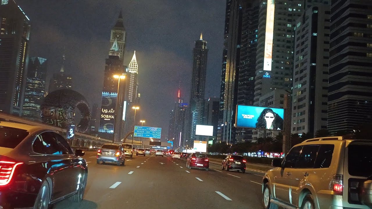 Dubai Night Drive Sheikh Zayed Rd E11. JW Marriott Hotel Burj Khalifa 4k