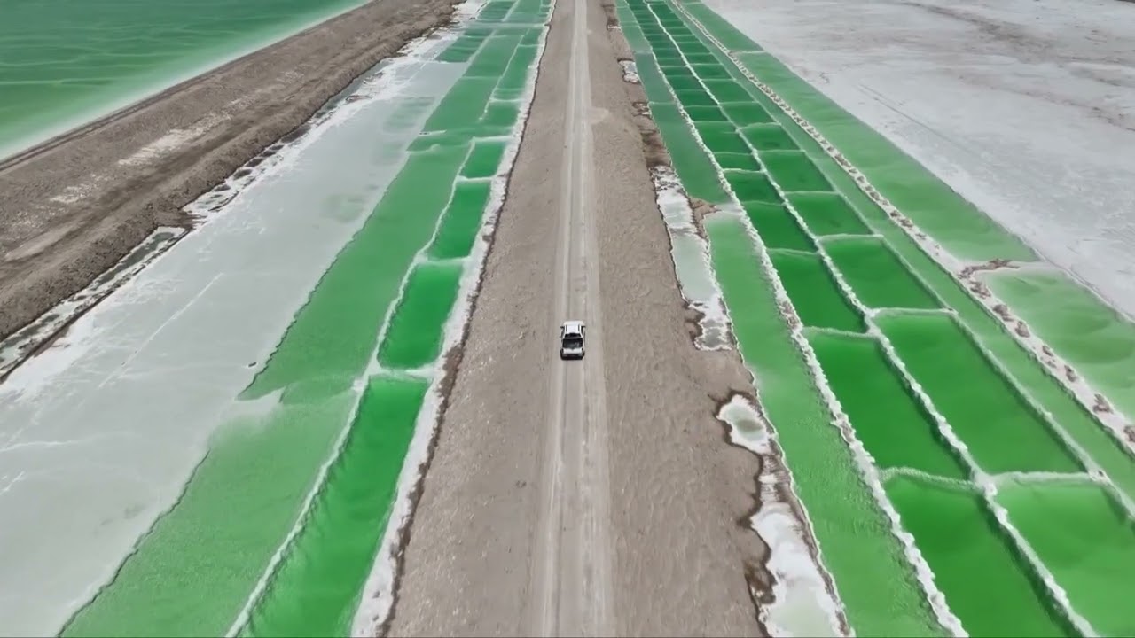 Lop Nur salt fields in Xinjiang glow emerald green under summer sun