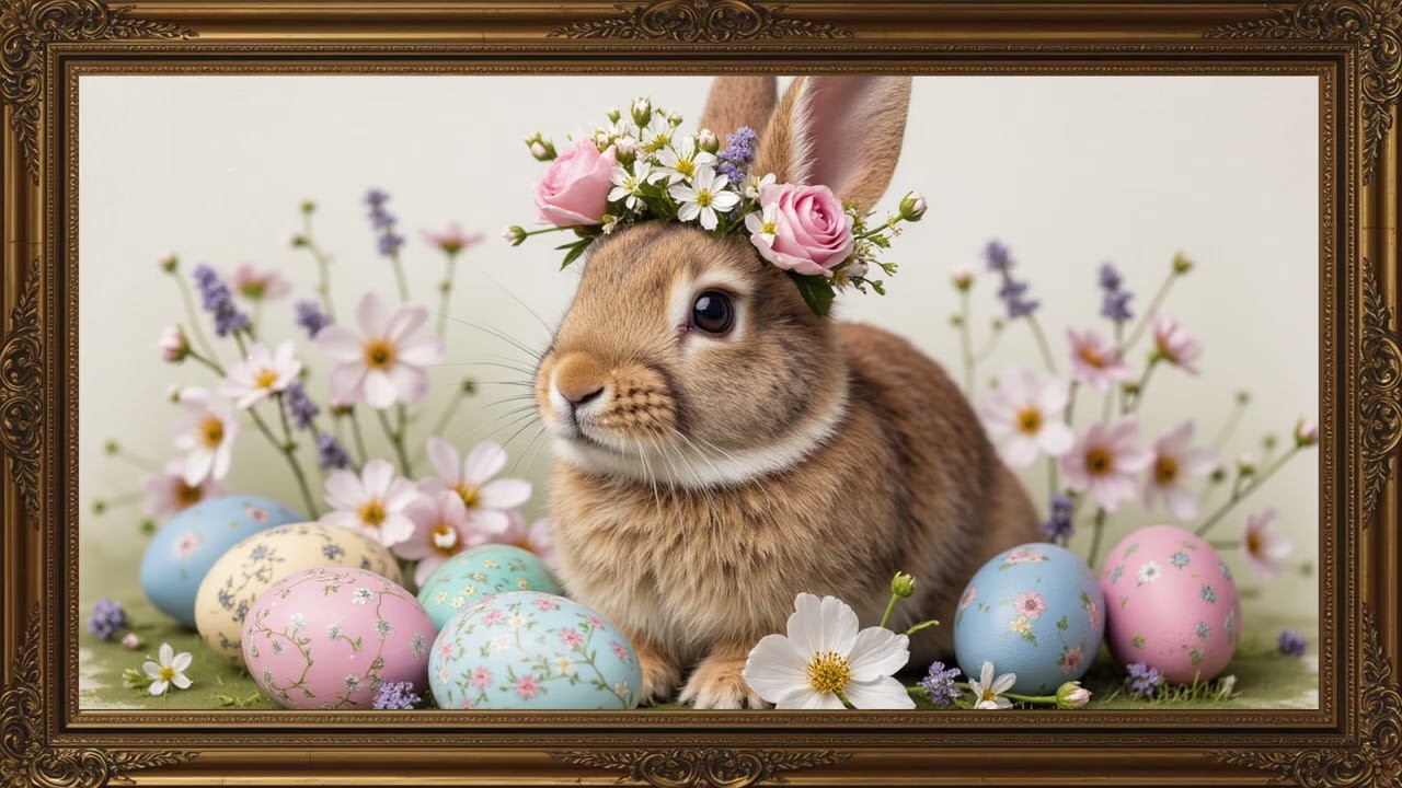 Framed TV Art Easter Bunny in Flowers  Eggs, Soft Floating Dust No Midroll Ads