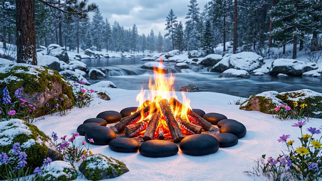 Riverside Serenity | Cozy Fireside and Peaceful River Sounds for Deep Relaxation ❄️🔥