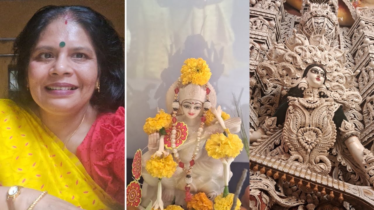 সরস্বতী পুজোর আনন্দ মজা বাসন্তী শাড়ি পড়ে ছোট বড়ো সকলে