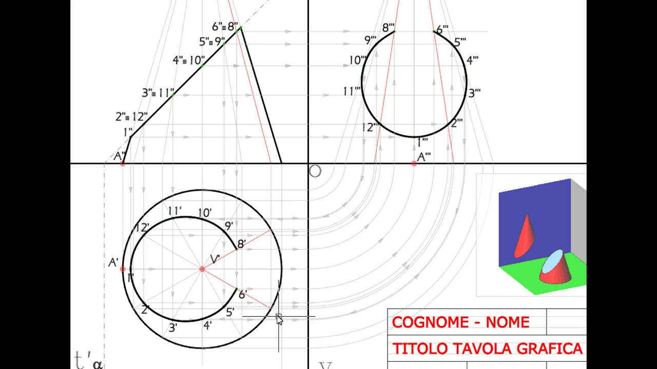 Sezione di un Cono con piano inclinato - Metodo delle generatrici - Proiezioni ortogonali