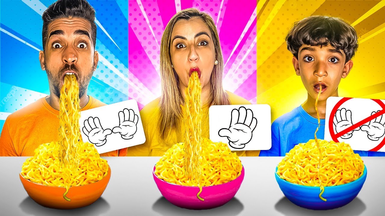 UMA MÃO, DUAS MÃOS E SEM AS MÃOS ! DESAFIO COMENDO COMIDA VS - Família Rocha