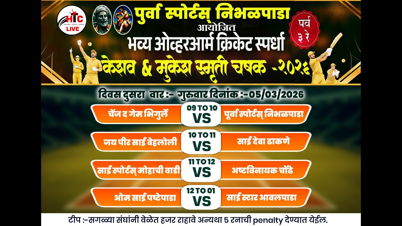 पुर्वा स्पोर्टस्  निभळपाडा आयोजित केशव & मुकेश स्मृती चषक-२०२६ DAY-2