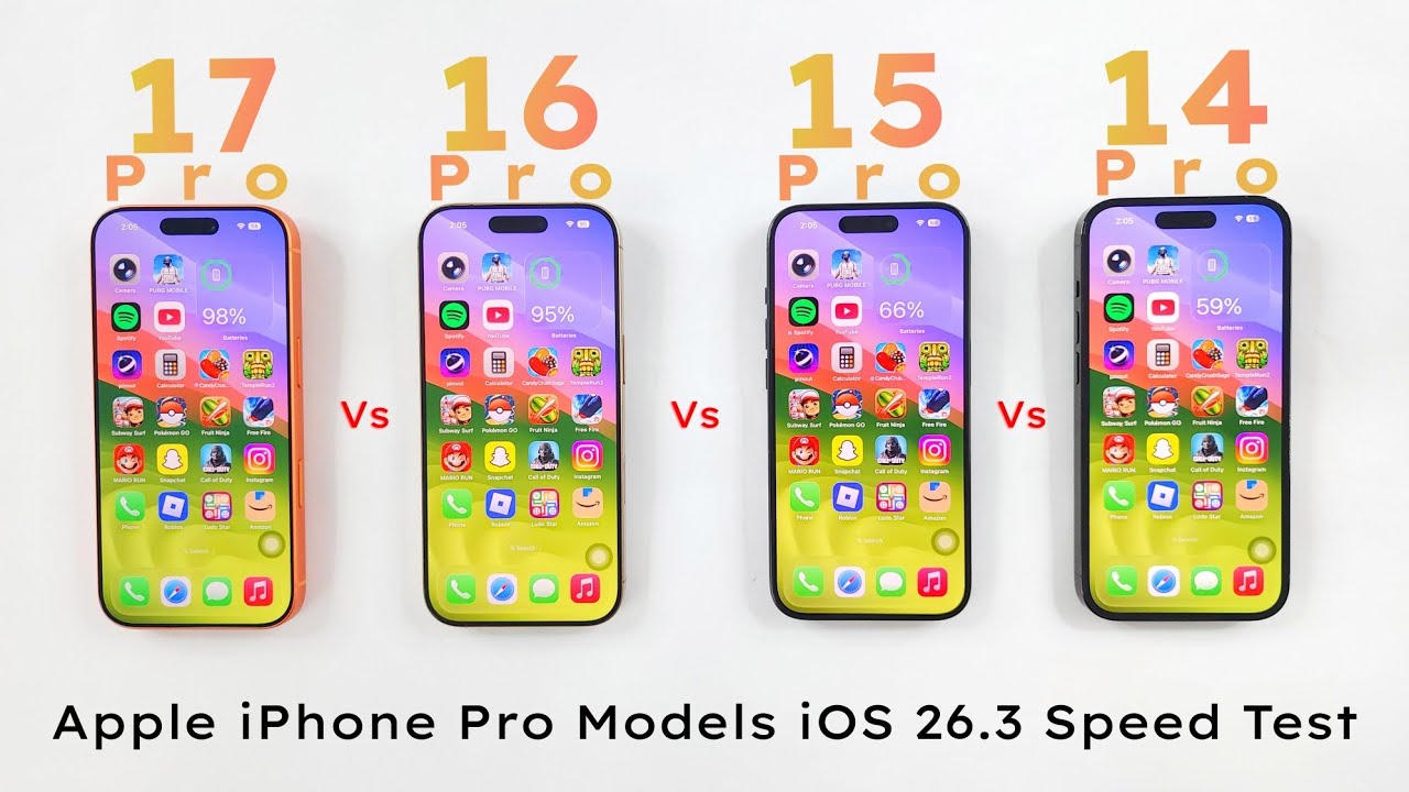 iPhone 17 Pro vs 16 Pro vs 15 Pro vs 14 Pro - iOS 26.3 SPEED TEST!