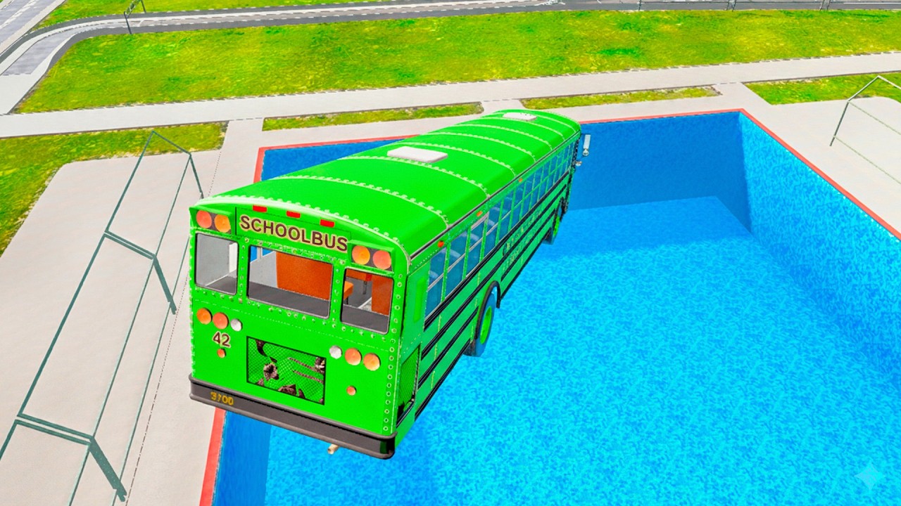 Crazy School Bus Crash Into Swimming Pool – BeamNG Drive BMG Bus Down Realistic Physics
